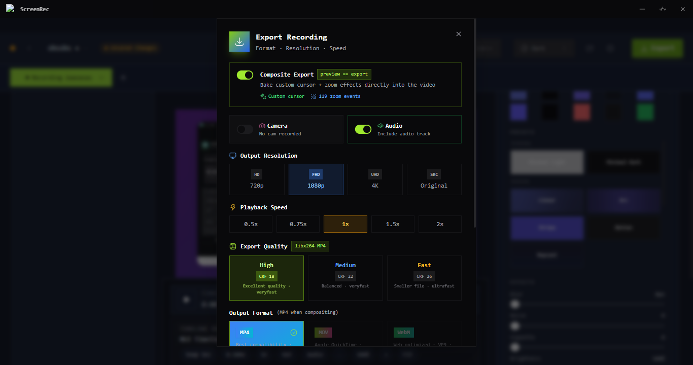 Screenrec export anywhere